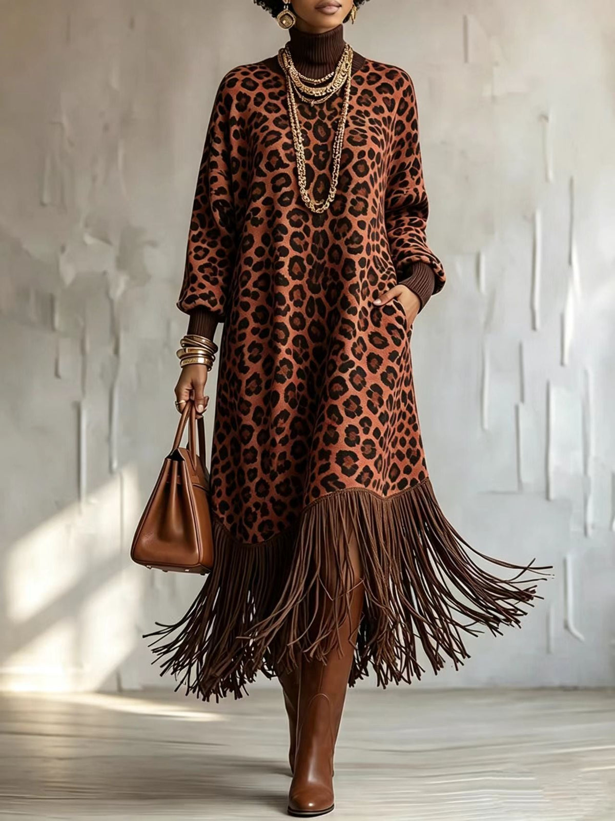 💛LAST DAY SAVE 49% ⏰Boho Chic Wild Leopard Fringe Dress— FREE Handbag