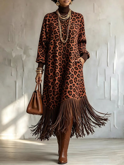 💛LAST DAY SAVE 49% ⏰Boho Chic Wild Leopard Fringe Dress— FREE Handbag