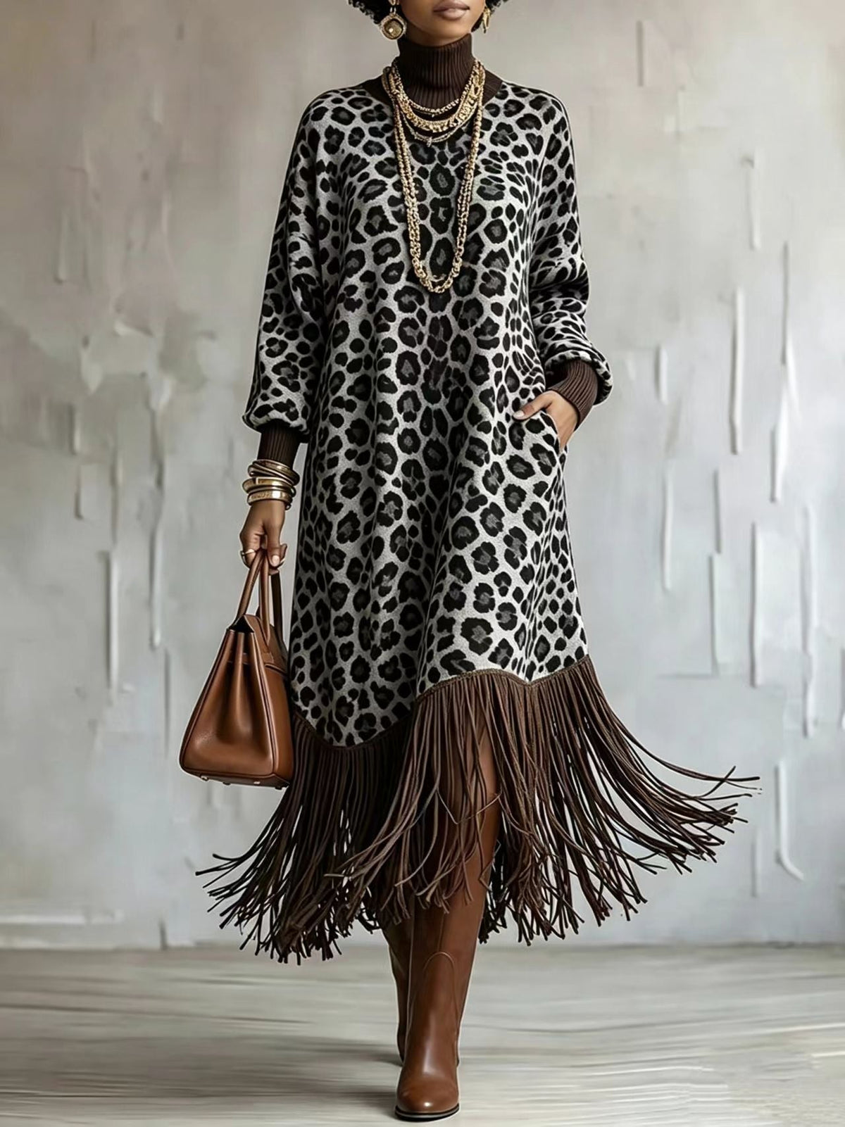 💛LAST DAY SAVE 49% ⏰Boho Chic Wild Leopard Fringe Dress— FREE Handbag