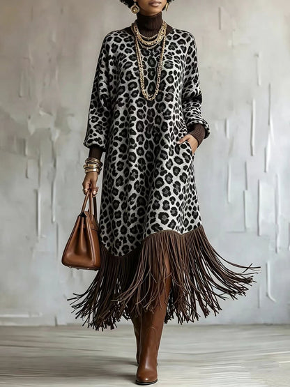 💛LAST DAY SAVE 49% ⏰Boho Chic Wild Leopard Fringe Dress— FREE Handbag