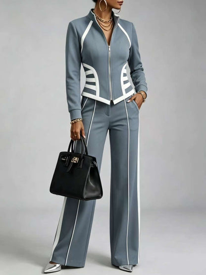🤲LAST DAY SAVE 49% ⏰Cozy And Casual Two-piece Set Featuring A Slim-fit, Stretchy Zip-up Sweatshirt And Pants With Black Webbing Trim — FREE Handbag