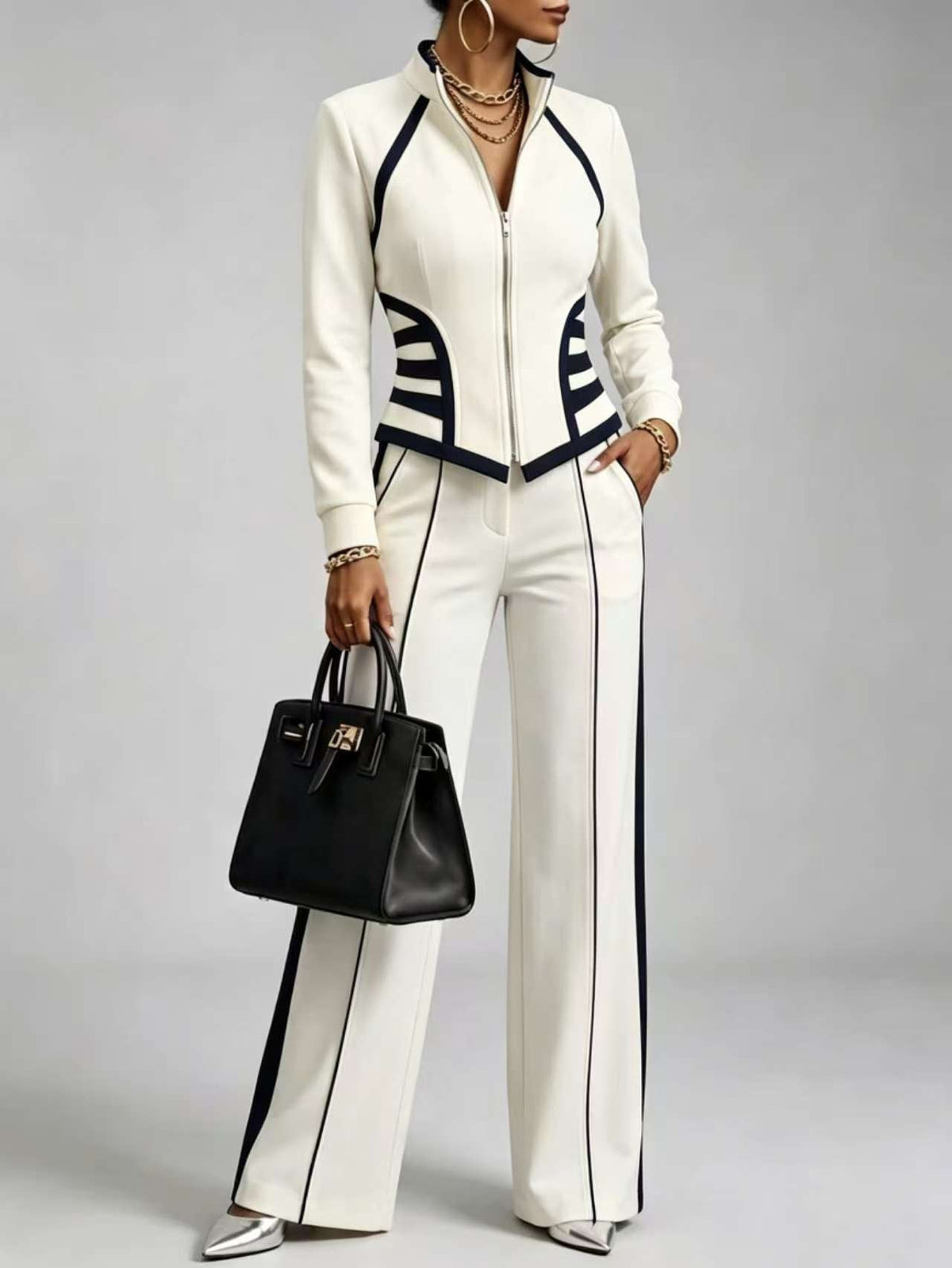 🤲LAST DAY SAVE 49% ⏰Cozy And Casual Two-piece Set Featuring A Slim-fit, Stretchy Zip-up Sweatshirt And Pants With Black Webbing Trim — FREE Handbag