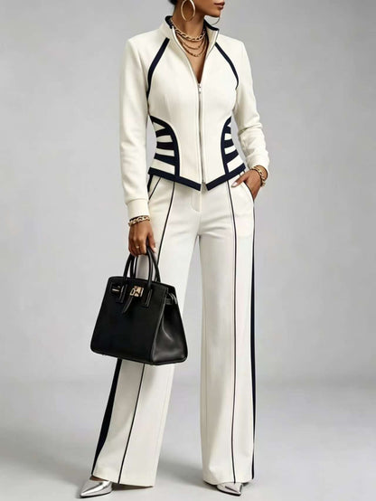 🤲LAST DAY SAVE 49% ⏰Cozy And Casual Two-piece Set Featuring A Slim-fit, Stretchy Zip-up Sweatshirt And Pants With Black Webbing Trim — FREE Handbag