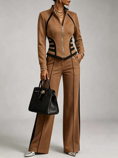 🤲LAST DAY SAVE 49% ⏰Cozy And Casual Two-piece Set Featuring A Slim-fit, Stretchy Zip-up Sweatshirt And Pants With Black Webbing Trim — FREE Handbag