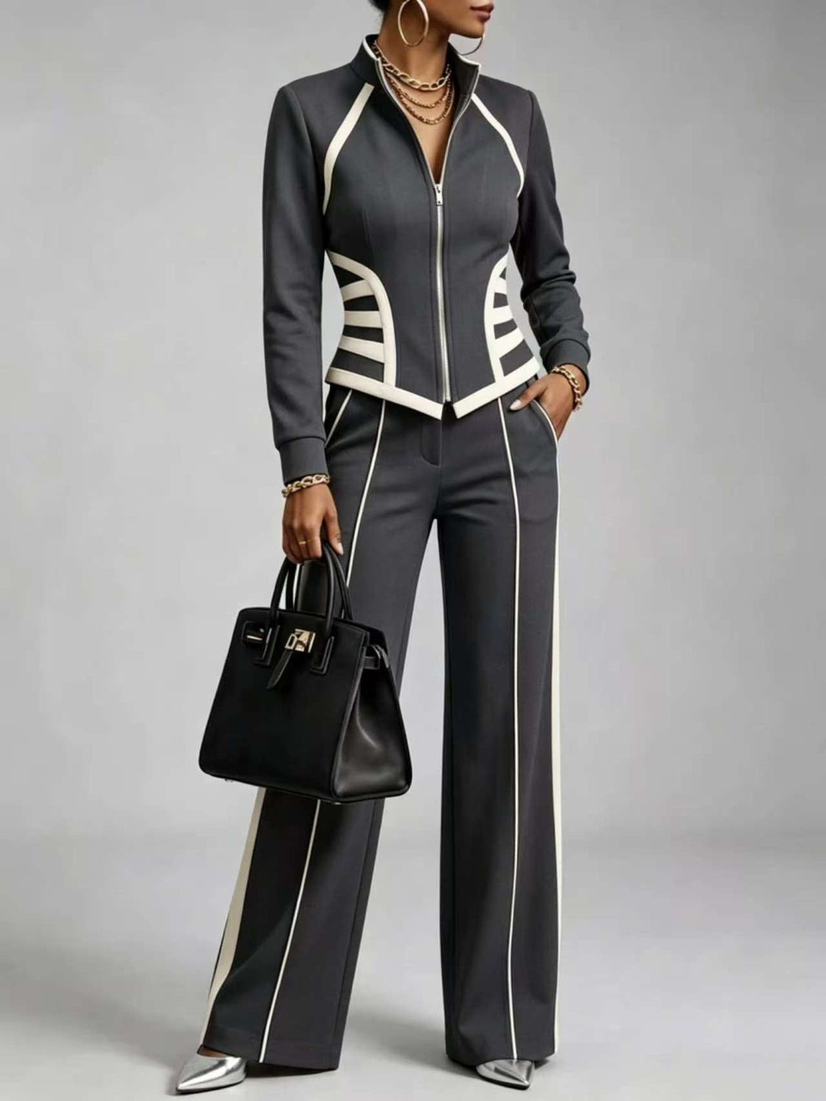 🤲LAST DAY SAVE 49% ⏰Cozy And Casual Two-piece Set Featuring A Slim-fit, Stretchy Zip-up Sweatshirt And Pants With Black Webbing Trim — FREE Handbag