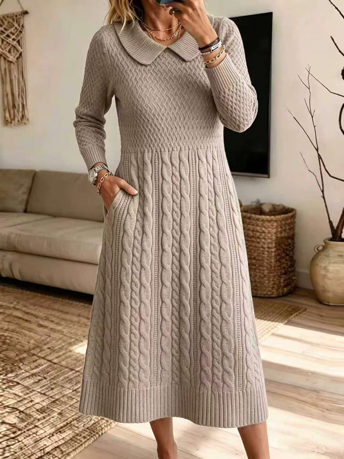 🤲LAST DAY SAVE 49% ⏰Classic Brown Cable-Knit Collar Midi Dress