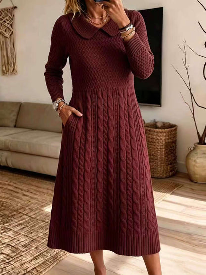 🤲LAST DAY SAVE 49% ⏰Classic Brown Cable-Knit Collar Midi Dress