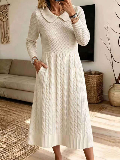 🤲LAST DAY SAVE 49% ⏰Classic Brown Cable-Knit Collar Midi Dress