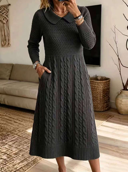🤲LAST DAY SAVE 49% ⏰Classic Brown Cable-Knit Collar Midi Dress