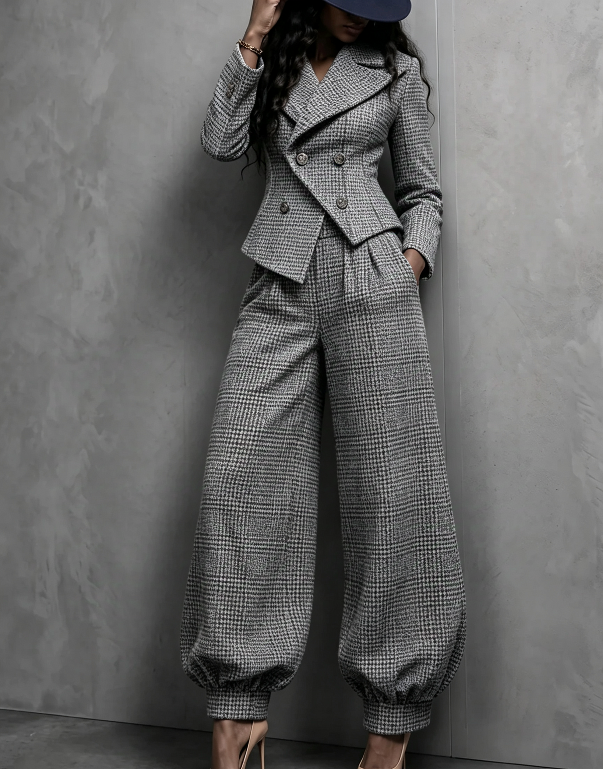 💛LAST DAY SAVE 49% ⏰🏆 Plaid Blazer & Balloon Pants Set — FREE Hat Included 🎁