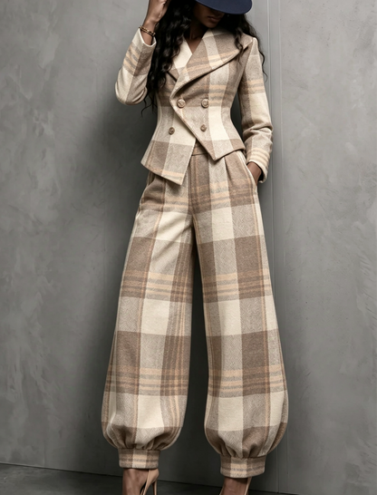 💛LAST DAY SAVE 49% ⏰🏆 Plaid Blazer & Balloon Pants Set — FREE Hat Included 🎁