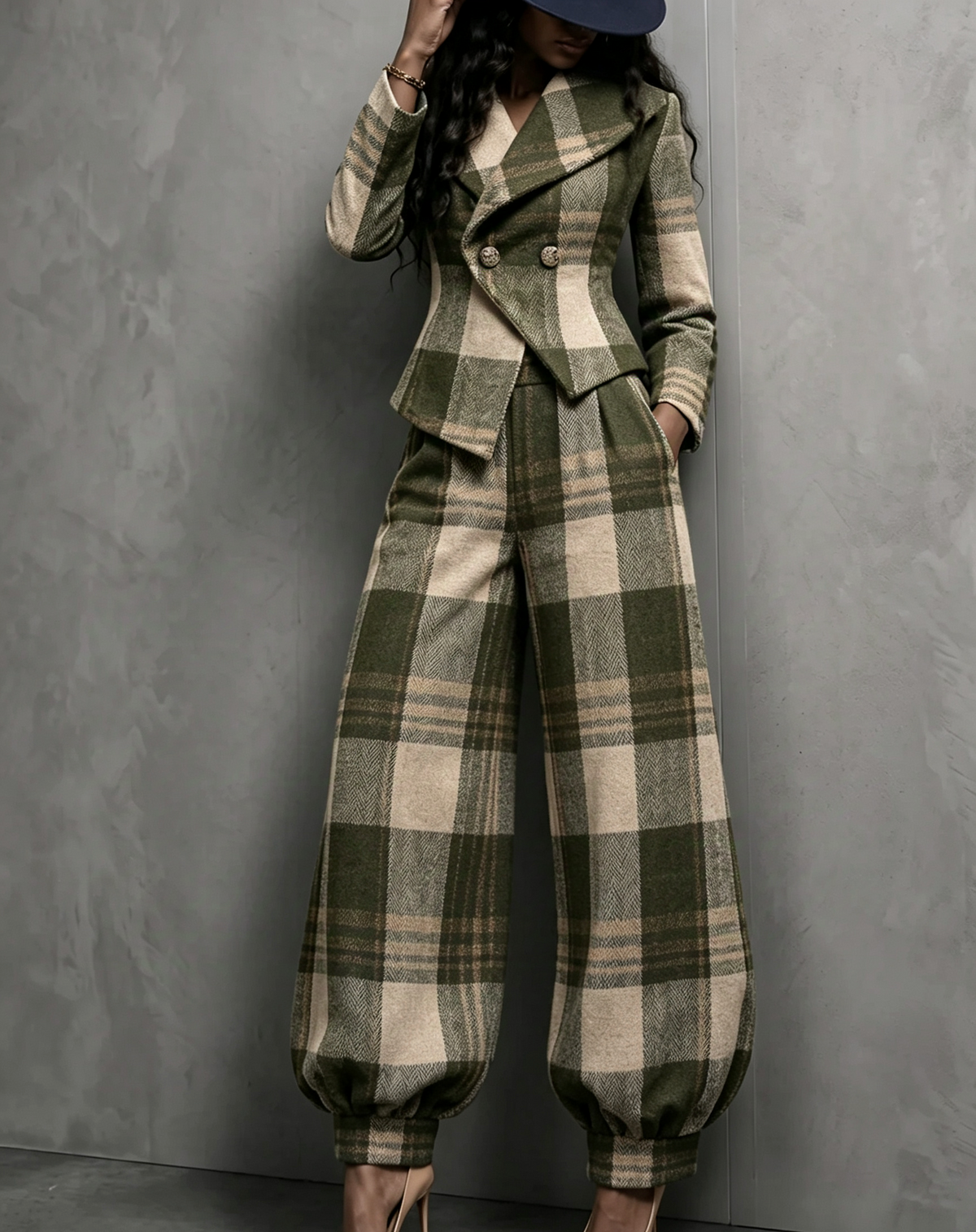 💛LAST DAY SAVE 49% ⏰🏆 Plaid Blazer & Balloon Pants Set — FREE Hat Included 🎁
