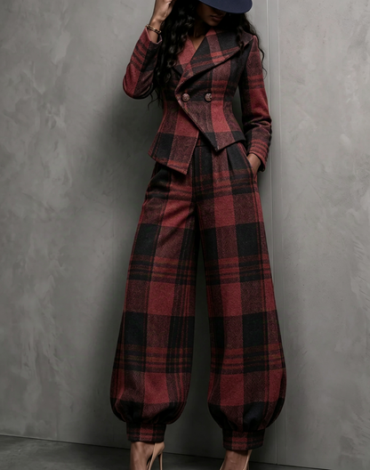 💛LAST DAY SAVE 49% ⏰🏆 Plaid Blazer & Balloon Pants Set — FREE Hat Included 🎁
