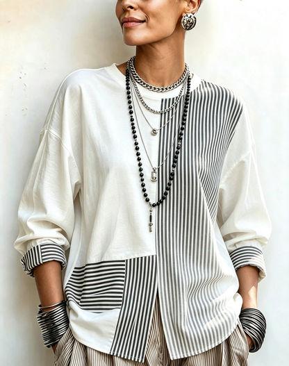 🤲LAST DAY SAVE 49% 🧡Chic Asymmetric Black And White Striped Statement Top