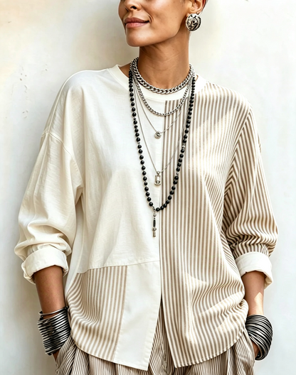 🤲LAST DAY SAVE 49% 🧡Chic Asymmetric Black And White Striped Statement Top