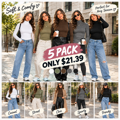💚Women's 5-Piece Modal Fabric Turtleneck Shirt Set - Slim Fit Long Sleeve Casual Tops