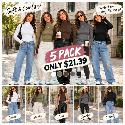💚Women's 5-Piece Modal Fabric Turtleneck Shirt Set - Slim Fit Long Sleeve Casual Tops
