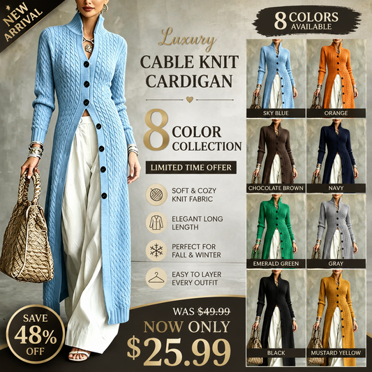💚Women's Cable Knit Long Cardigan Slim Fit Acrylic Apricot Outerwear