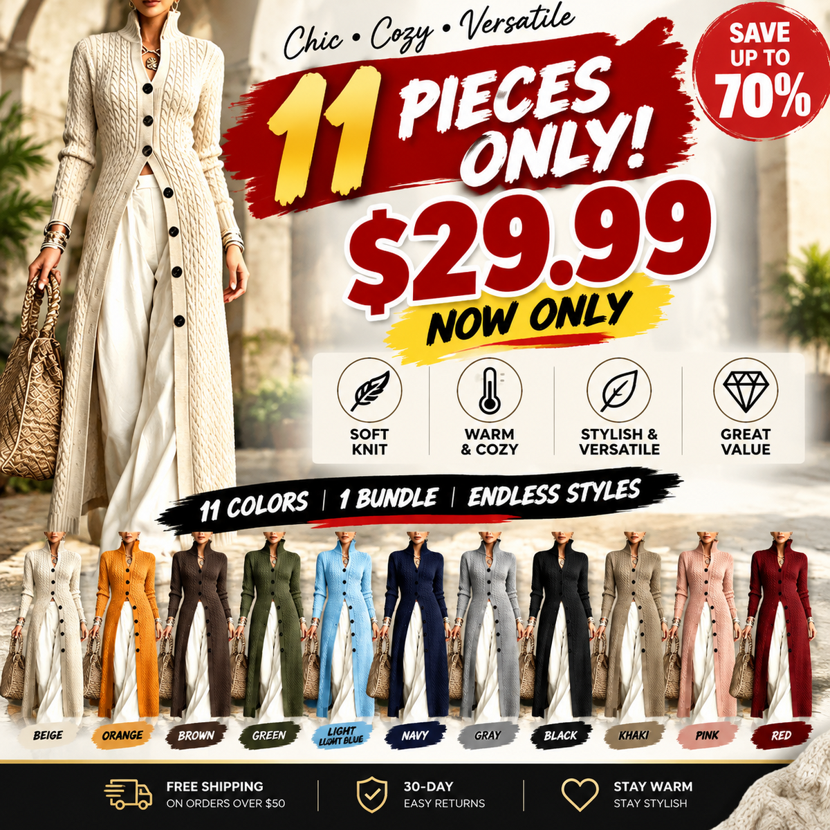 💚Women's Cable Knit Long Cardigan Slim Fit Acrylic Apricot Outerwear
