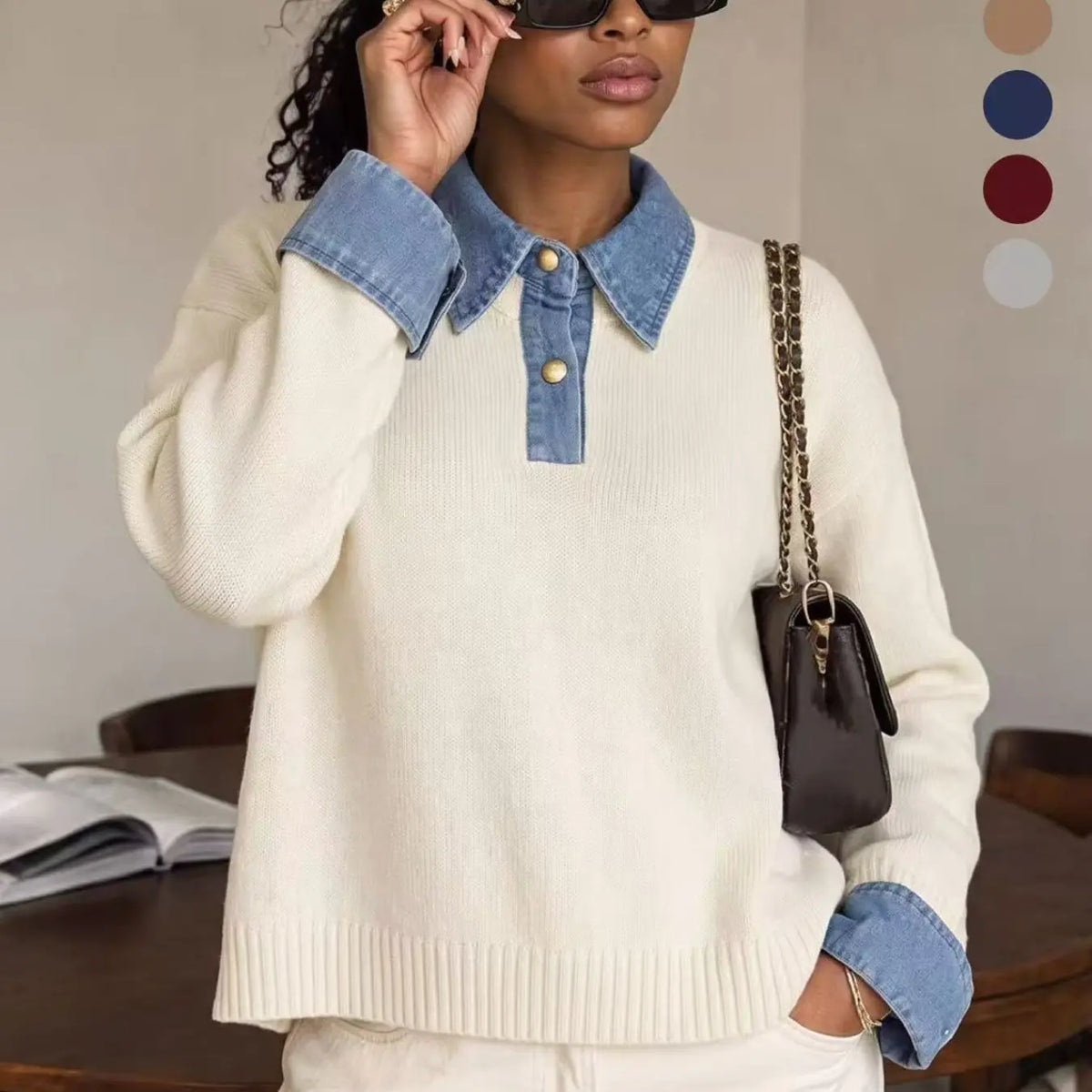💚Korean Style Denim Patchwork Knit Pullover Sweater for Women