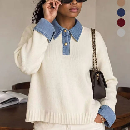 💚Korean Style Denim Patchwork Knit Pullover Sweater for Women