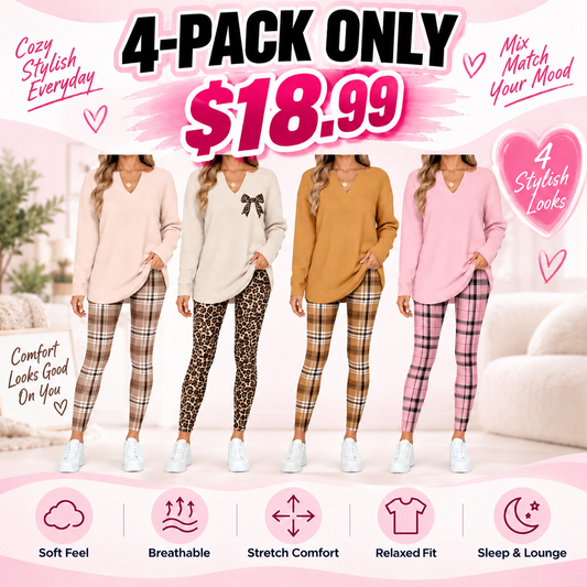 💚Women's 2-Piece Lounge Set – Long Sleeve Top & Plaid Leggings