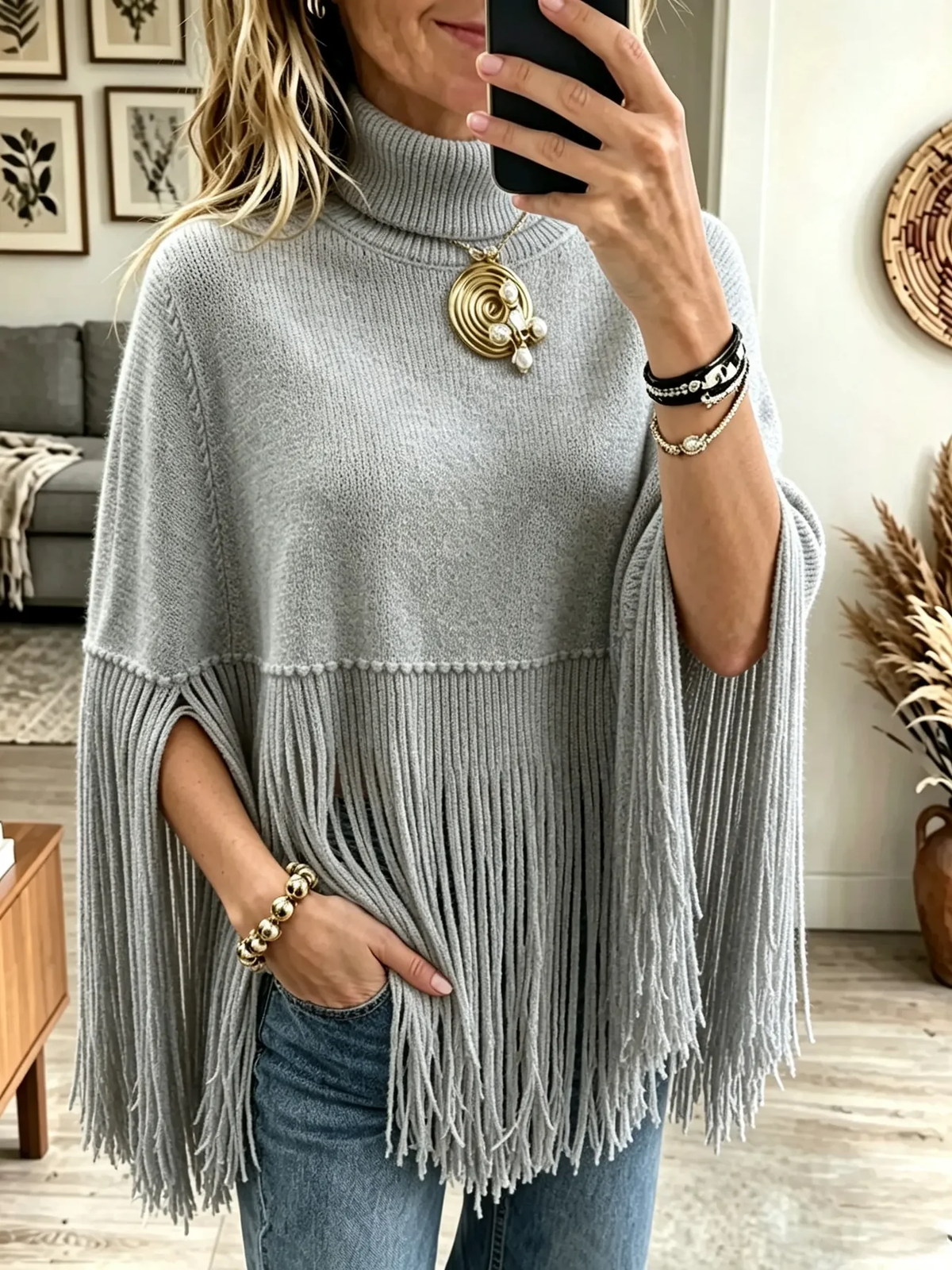 🤲LAST DAY SAVE 49% ⏰Women's Turtleneck Fringe Knit Poncho Sweater
