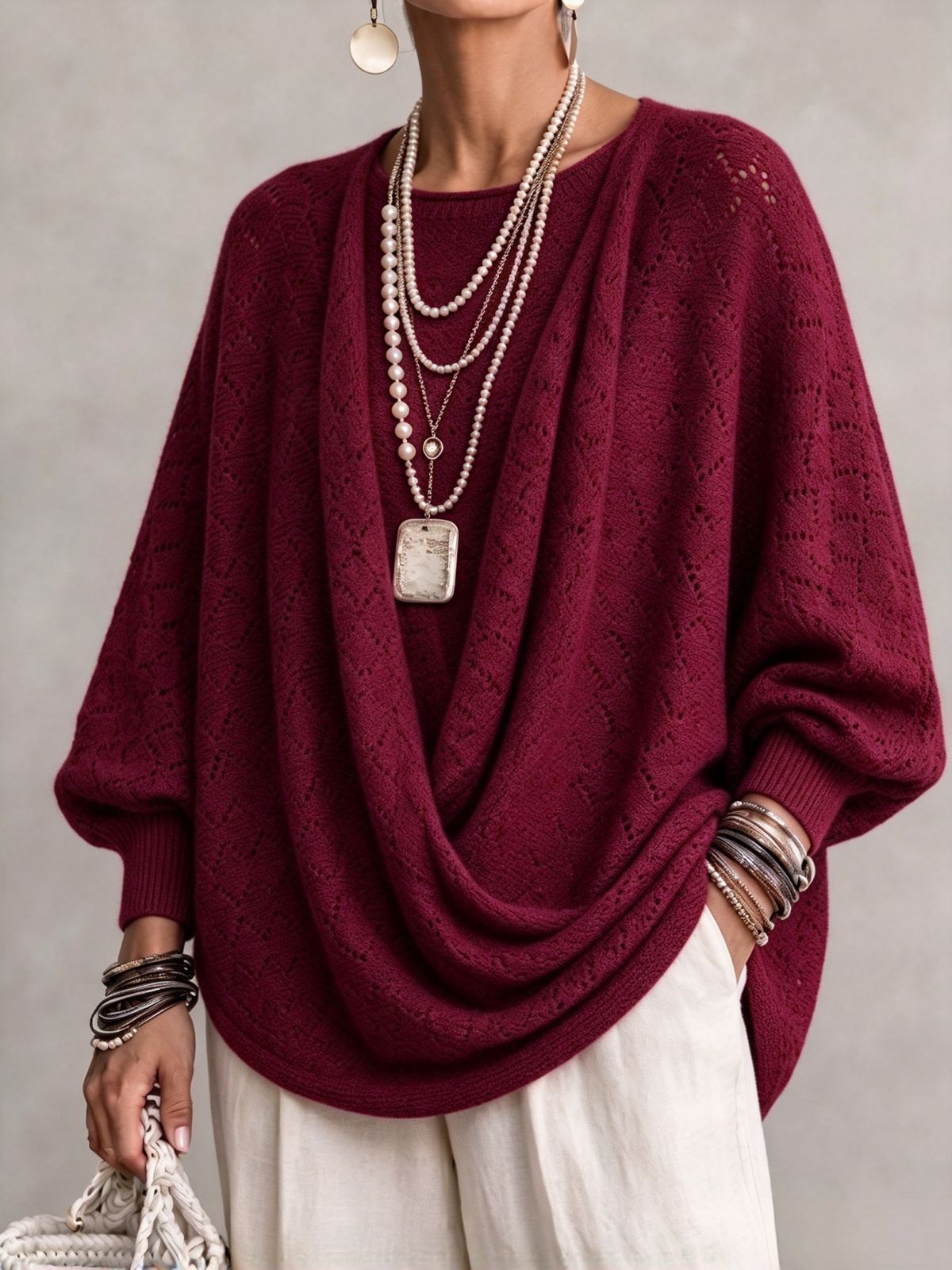 💛LAST DAY SAVE 49% ⏰Knit Top With A Cowl Neck, Cut-out Details, And Lantern Sleeves.
