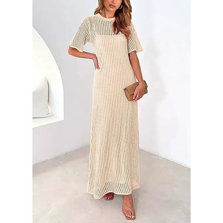 ✨✨Womens Eyelet Cover Up Dress Summer Resort Maxi Dress with Beach Short Sleeves, Hollow Out Design & Hollow Out Sundress Style