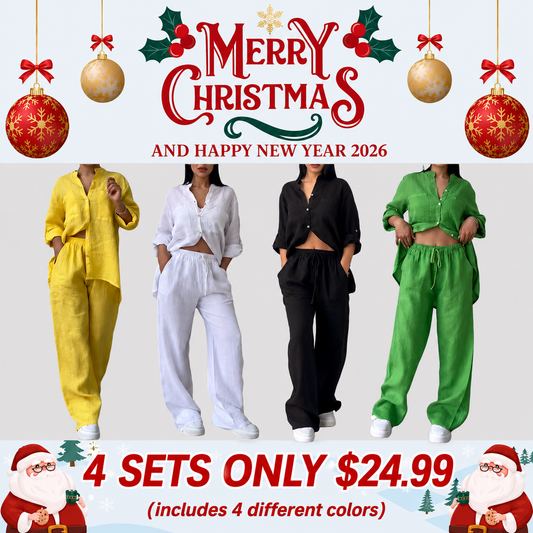 🎄Casual solid color cotton and linen pants two-piece set