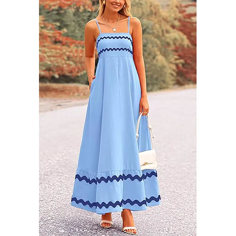 ✨✨Women's Summer Flowy Maxi Dress Casual Sleeveless Spaghetti Strap Ruffle Beach Long Dresses-Womenswear Minimalist Light Blue Basic Machine Washable
