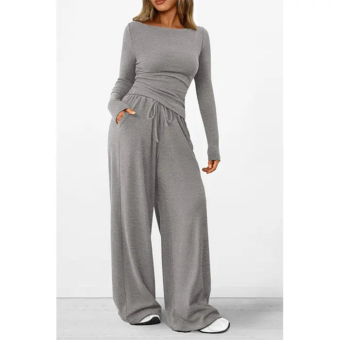 ✨✨Women's 2-Piece Lounge Set Asymmetrical Long Sleeve T-Shirt & Wide Leg Pants Casual Fitted Tracksuit Loungewear Basic Minimalist Clothing with Drawstring & Pockets
