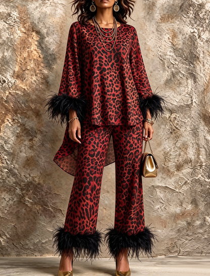 💛LAST DAY SAVE 49% ⏰Chic Leopard Print Feather-Trimmed Two-Piece Set