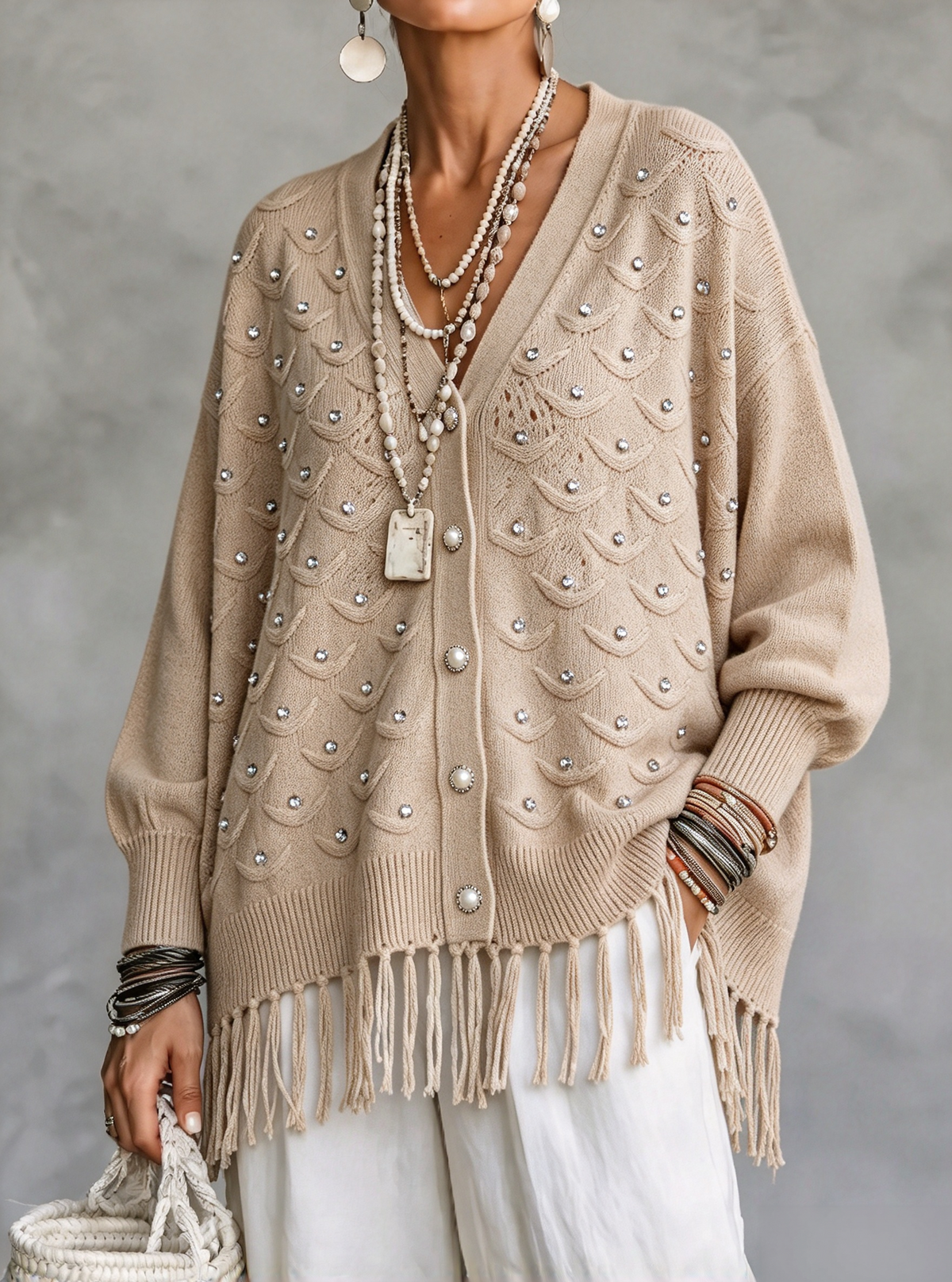 🤲LAST DAY SAVE 49% ⏰Cozy Fringed Shinny Beaded V-Neck Cardigan