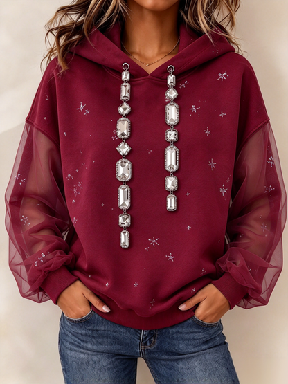 🤲LAST DAY SAVE 49% ⏰Chic Rhinestone-embellished Hoodie With Sheer Drawstring Sleeves