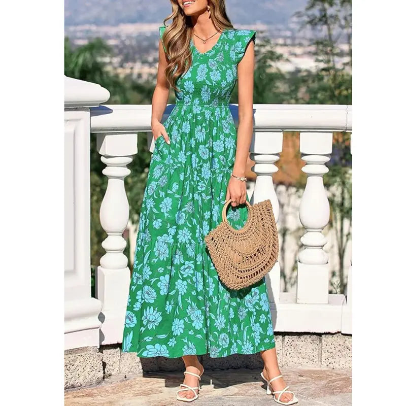 ✨✨Women's Cotton Boho Floral Maxi Dress Summer Smocked V Neck Ruffle Sleeve Spring Flowy Beach Vacation Sundresses