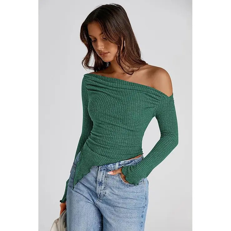 ✨✨Women's Long Sleeve Crop Top Trendy Off Shoulder Asymmetrical Fitted Knit Tee Shirts Going Out Ribbed Tops Womenswear Knitwear Basic Minimalist Minimalist