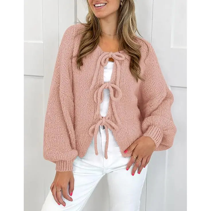 ✨✨Women's Tie Front Bow Cardigan Sweaters Chunky Knit Long Puff Sleeve Trendy Fall Winter Jacket Coats