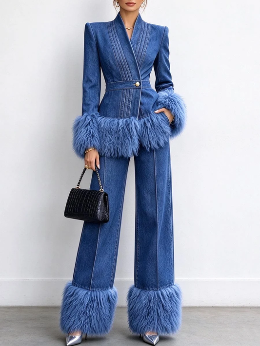 💛LAST DAY SAVE 49% ⏰Women's Tailored Denim Jacket with Faux Fur Trim-FREE Handbag