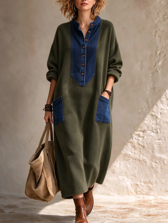 🤲LAST DAY SAVE 49% ⏰Boho Casual Cozy Colorblock Faux Suede Maxi Dress