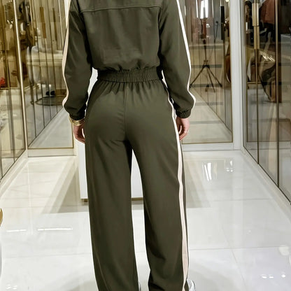 💚Casual Women's Two-Piece Set with High Waist Pants and Short Zipper Jacket, Polyester, Multiple Colors