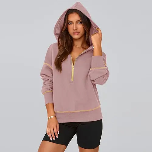 ✨✨Women's Pink Hooded Sweatshirt Long Sleeve Half Zip Cropped Pullover with Zipper & Stitching Detail for Winter Fashion