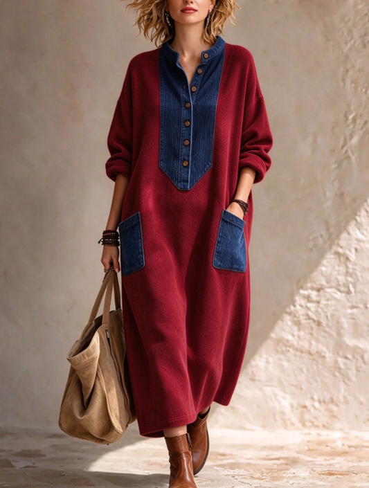 🤲LAST DAY SAVE 49% ⏰Boho Casual Cozy Colorblock Faux Suede Maxi Dress