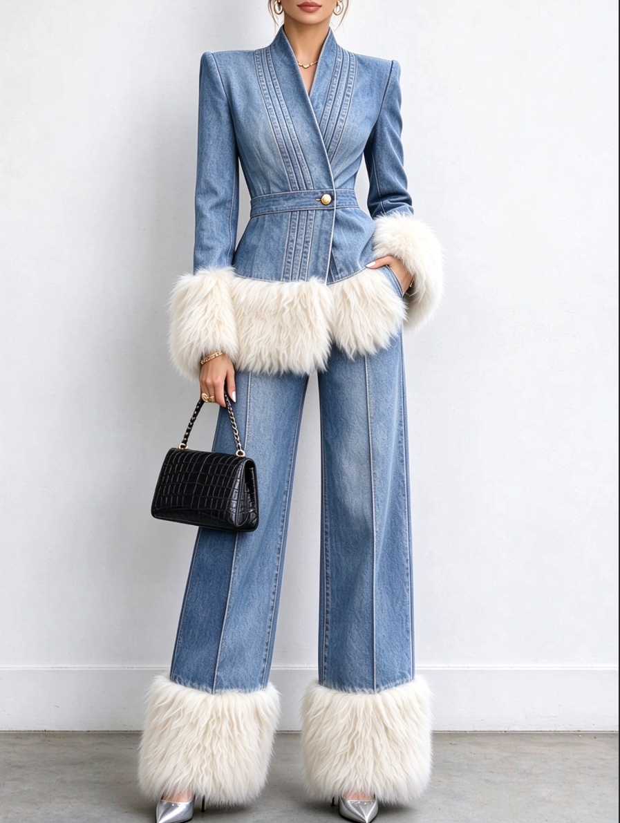 💛LAST DAY SAVE 49% ⏰Women's Tailored Denim Jacket with Faux Fur Trim-FREE Handbag