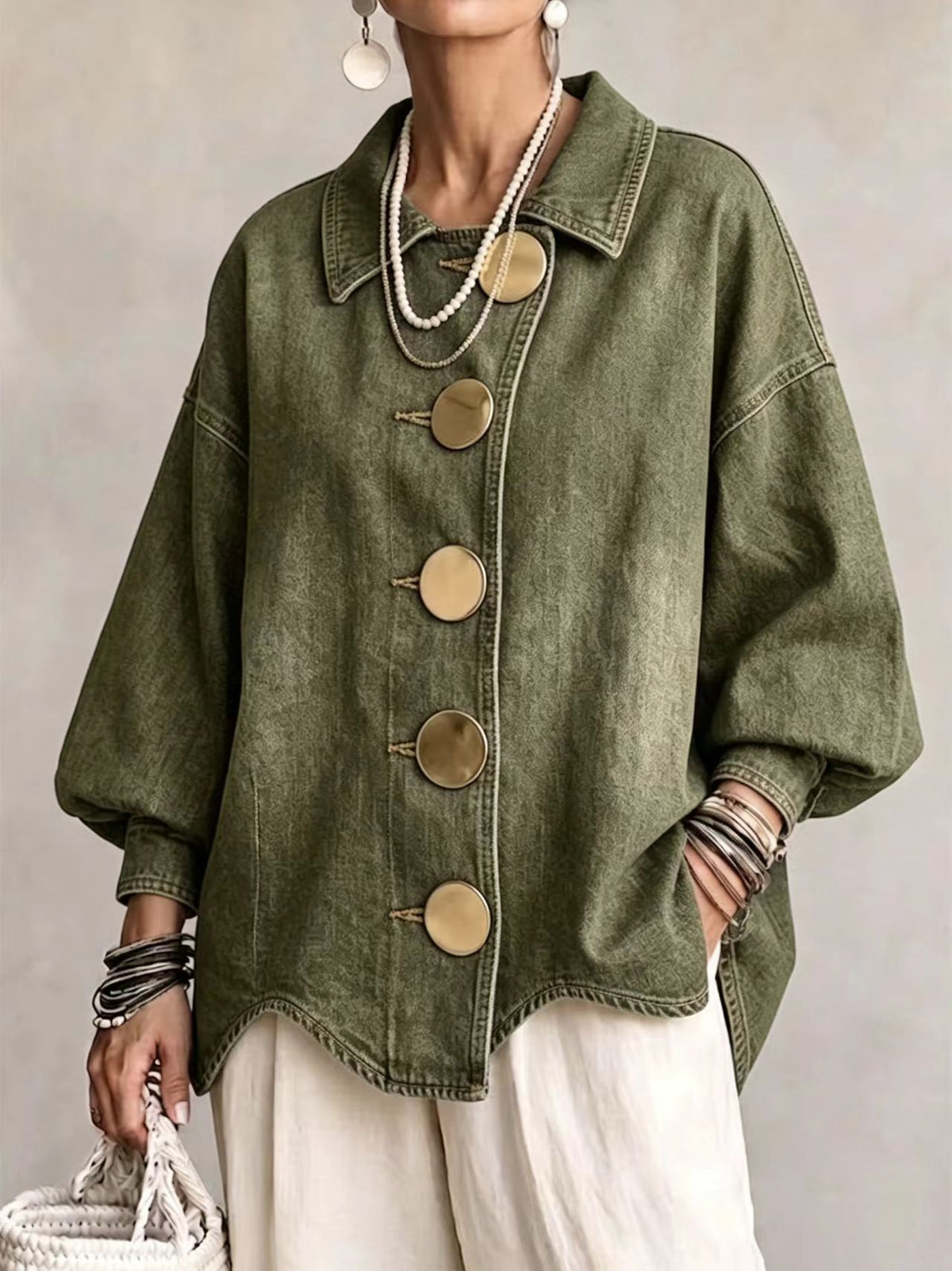 💛LAST DAY SAVE 49% ⏰Collared Oversized Denim Jacket With Large Metal Buttons