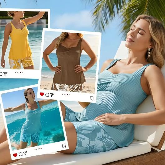 ✨✨Two-piece Body Covering Surplice Tankini Printed Boxer Swimsuit
