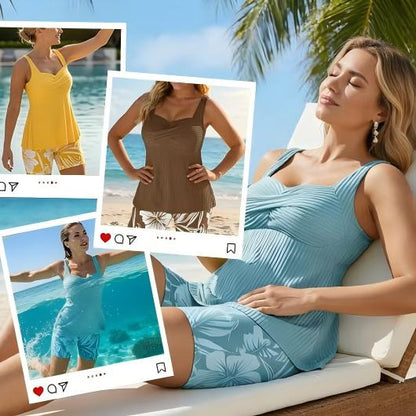 ✨✨Two-piece Body Covering Surplice Tankini Printed Boxer Swimsuit