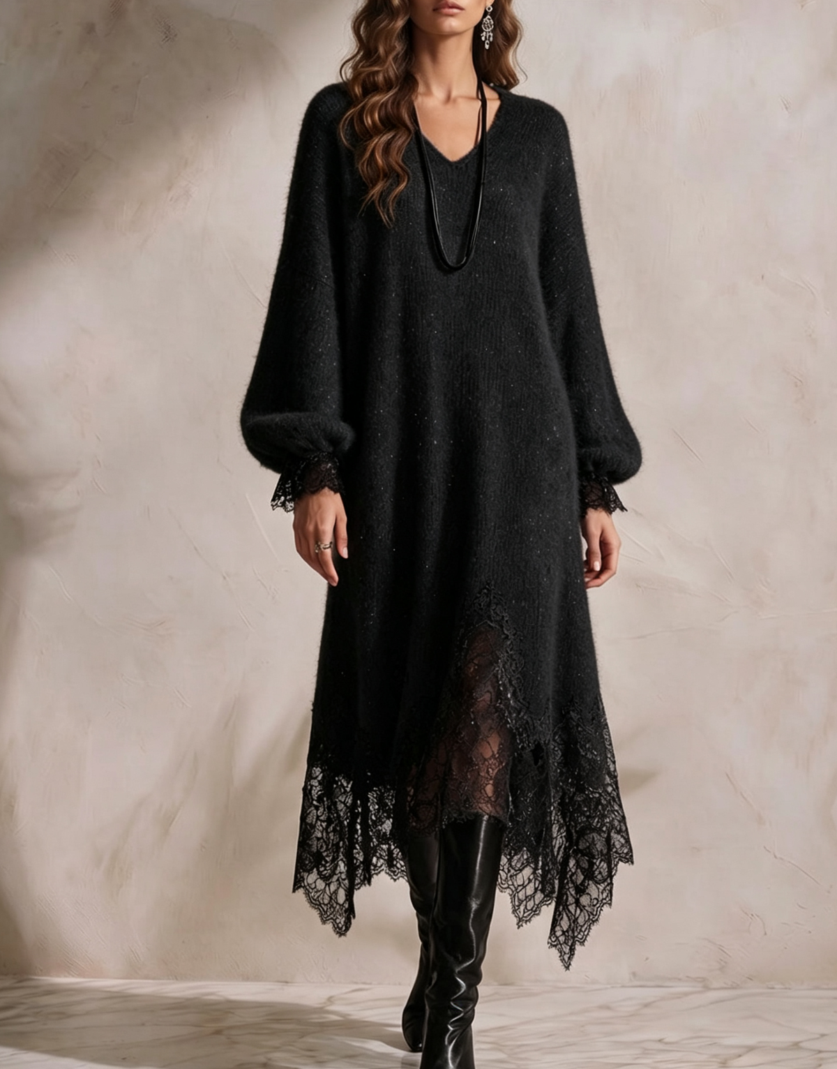 💛LAST DAY SAVE 49% ⏰Women's V-neck Long-sleeve Casual Loose-fit Knit Dress With Lace Paneling And Subtle Shimmer-✨FREE Handbag