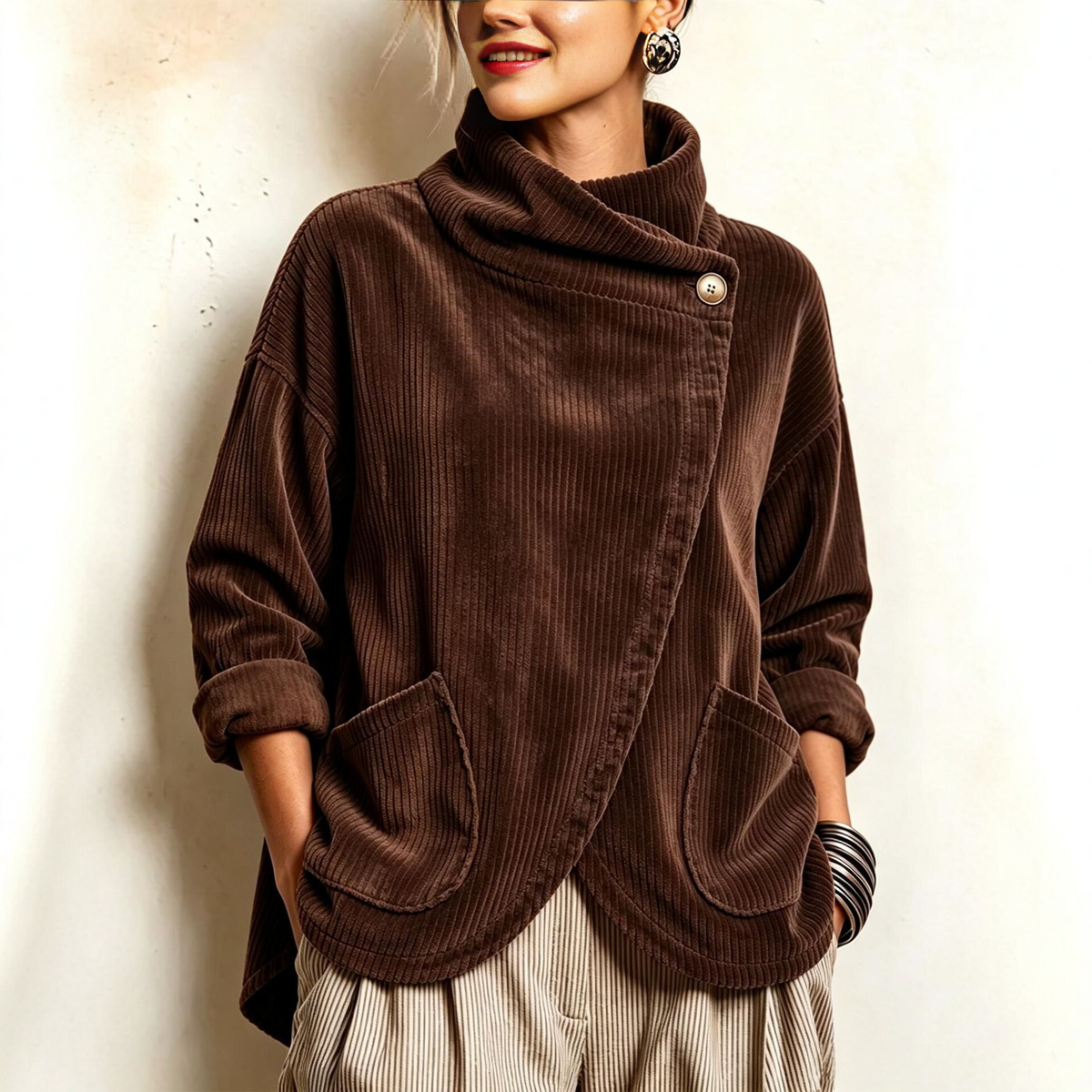 💛Cozy Asymmetric Button-Accented Corduroy Top