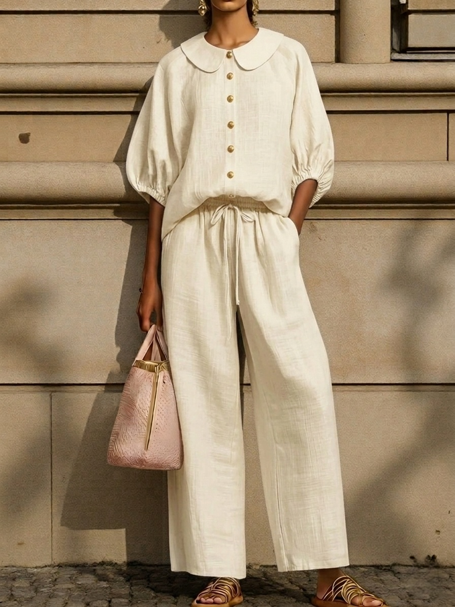 🌿Stylish Linen 2-Piece | Peter Pan Collar Shirt + Wide Leg Pants